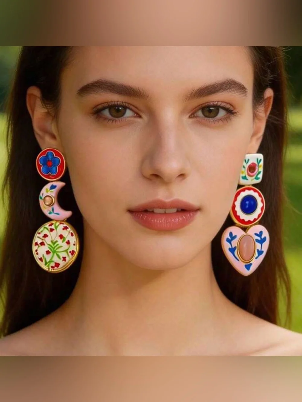 New assymetric statement enamel Pink heart  Earrings with Multicolor Accents